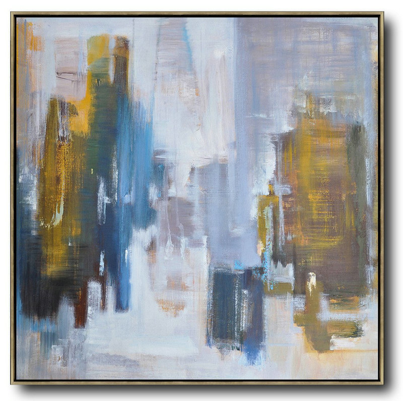 Oversized Abstract Landscape Oil Painting,Acrylic Painting On Canvas,Yellow,White,Blue